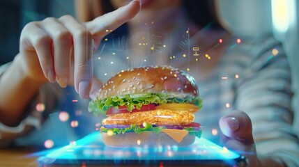 Poster - Close-up of a woman's fingers touching a 3D fast food icon on a phone, representing online delivery. Innovative service