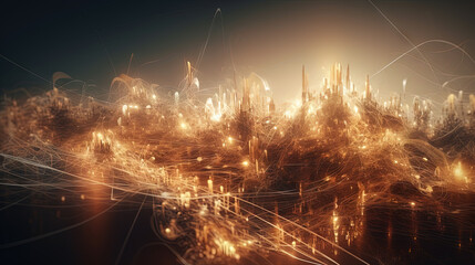 Poster - Abstract burst of wires and particles on technology background. Scientific abstraction with mess of microscopic connections.