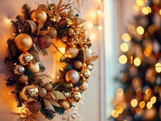 Golden Christmas wreath with lights and ornaments on a festive wall