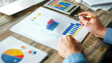 Poster - Close-up of hands analyzing financial charts and graphs on a wooden desk with a calculator. Concept of financial analysis, business strategy, and data-driven decision making 