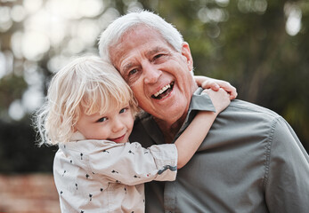 Wall Mural - Hug, park and portrait of grandpa with child for bonding, relationship and relaxing together outdoors. Family, happy and grandparent embrace kid in nature for affection, laugh and love on weekend