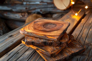 Wall Mural - Rustic coasters with natural wood grain patterns, showing varied textures and shades, positioned on a wooden table in a cozy cabin setting with soft lighting