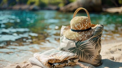 Wall Mural - a straw hat, beach bag, and towel are neatly placed on the sand by the water's edge, symbolizing a r
