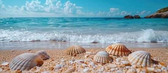 Wall Mural - Seashells on a Sandy Beach with Blue Ocean and White Clouds