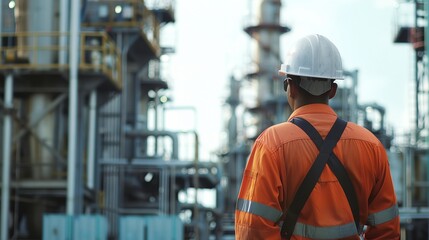 Wall Mural - a man in an orange safety jacket and hard hat in front of a factory with pipes and tanks in the background