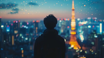 Wall Mural - a person standing in front of a cityscape at night