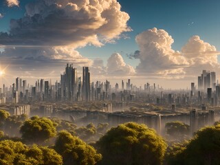 Canvas Print - a city with tall buildings and trees in the foreground and a cloudy sky in the background