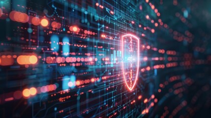 Poster - A glowing red shield icon representing a cybersecurity firewall protects a digital network of data lines and nodes