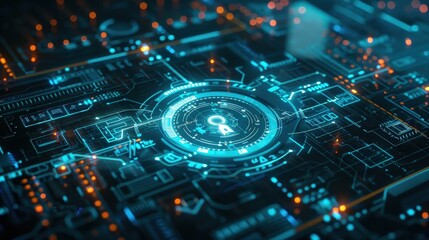 Poster - A futuristic interface with a glowing blue keyhole icon surrounded by intricate circuitry