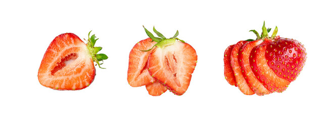 Wall Mural - Strawberry pieces isolated, red berry cut set, fresh strawberries slices, summer food ingredient