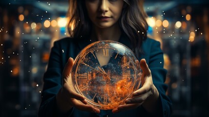 Wall Mural - woman in a business suit holds a luminous abstract clock