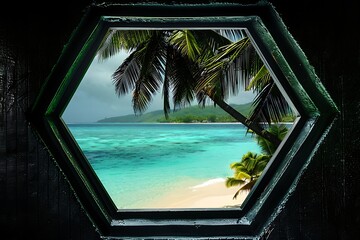 Wall Mural - Through the hexagonal window, a vibrant tropical paradise with turquoise waters, white sandy beaches, lush palm trees swaying in the breeze, creating a relaxing and exotic scene.