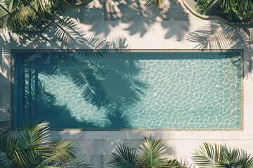 Poster - Top view of a rectangular blue swimming pool, surrounded by lush green plants with intricate shadow patterns created by bright sunlight, offering a scenic and serene atmosphere.