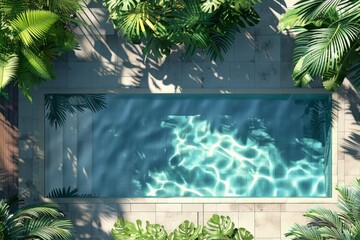 Poster - Top-down view of a sleek rectangular swimming pool filled with clear, blue water, surrounded by rich greenery providing an inviting and calming outdoor space.