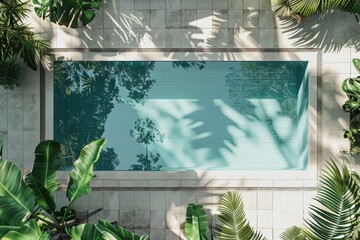 Poster - A white tiled swimming pool features calm, clear blue water surrounded by vibrant green plants, casting natural shadows under gentle sunlight, creating a tranquil scene.