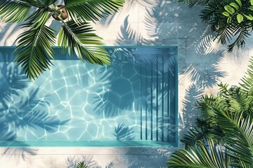 Poster - Beautiful poolside setting with sparkling blue water, enhanced by the shadows of tropical plants, creating a refreshing and exotic atmosphere for visitors.