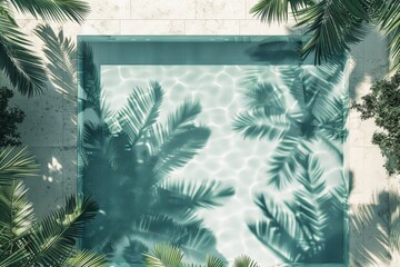 Poster - A refreshing pool with cool, clear water outlined by tropical plants and their shadows, perfect for a vacation escape or a relaxing swim in a serene environment.