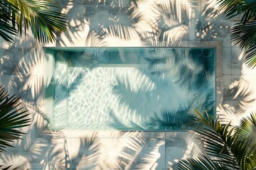 Poster - A visually pleasing aerial shot of an aqua swimming pool, artistically framed by the soft shadows of surrounding palm trees, evoking a sense of calm and tropical luxury.