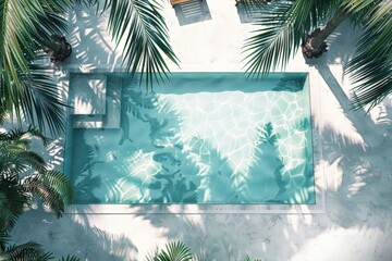 Poster - A top view catch of a swimming pool seated in a pristine environment, shaded with overlapping palm tree leaves reflecting on the pool water, symbolizing peace and cleanliness.