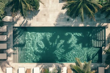 Poster - An aerial perspective showcasing a lavish pool in a sophisticated setting, bordered by palm trees creating intricate shadow patterns on the water’s surface, representing luxury and refinement.