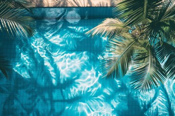 Poster - An idyllic top view of a swimming pool with crystal clear water reflecting the shadows of palm leaves above, delivering a serene and tranquil tropical ambiance.
