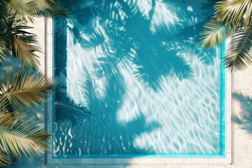 Poster - Aerial view of a perfectly square swimming pool, featuring enchanting shadows of surrounding tropical palm trees, creating a luxurious and tranquil outdoor setting.