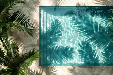 Poster - A top-down photograph of a sunlit swimming pool, featuring reflections of beautiful, tall palm trees casting unique patterns on the water surface, evoking a tropical paradise.