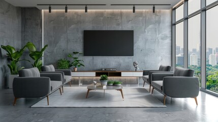 Wall Mural - TV on the wall of a modern living room with grey armchairs and a city view. Open and minimalist design