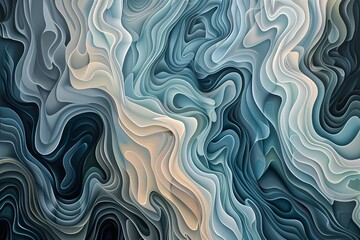 Poster - This artwork features abstract undulating patterns with a mix of soft blue, teal, and neutral tones, giving a calming and meditative ambiance resembling fluid dynamics.