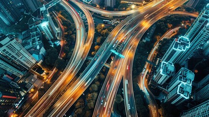 Aufkleber - Aerial view of Road Traffic jam on multiple lane highway with speed light trail from car background, Expressway road junction in metropolis city center at night scene. Generative AI.