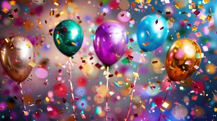 Poster - A festive background with five balloons of different colors floating against a blurred background of lights and confetti
