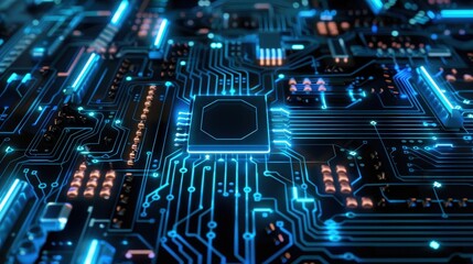 Poster - A close-up view of a futuristic circuit board with glowing blue traces and a central processor