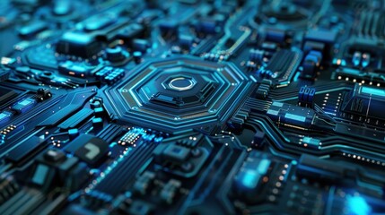 Poster - A close-up view of a futuristic circuit board with a prominent octagonal chip, illuminated by blue lights