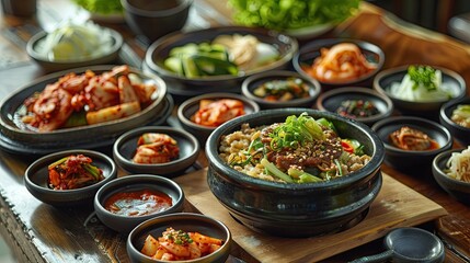 A beautifully arranged set of Korean rice wine (makgeolli) in a traditional ceramic bowl, with a ladle and small cups, alongside a plate of kimchi and side dishes