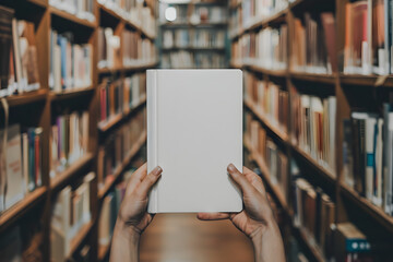  Close-Up of Blank Book Cover Mockup in a Library