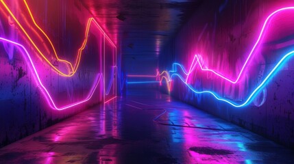 Poster - A dark urban corridor is illuminated by vibrant pink and blue neon lights, casting reflections on the wet concrete floor