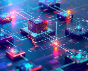Poster - Blockchain innovation, holographic system integration, modern tech lab, digital revolution 