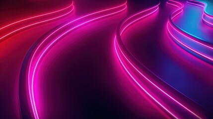 Poster - Glowing pink and blue neon lines form abstract curves on a dark background