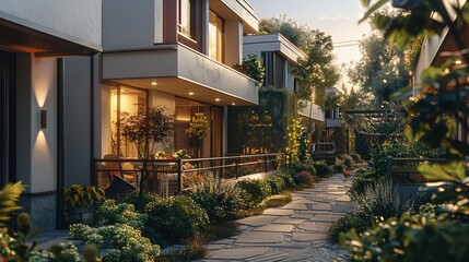 Poster - Urban townhouse, A stylish townhouse in a bustling city, showcasing a modern exterior with a small front garden or balcony. Generative AI.