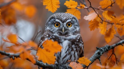 Wall Mural - Boreal Owl Perched on Beech Branch in Colorful Forest, Habitat of Tengmalm's Owl in Europe, Asia, and North America