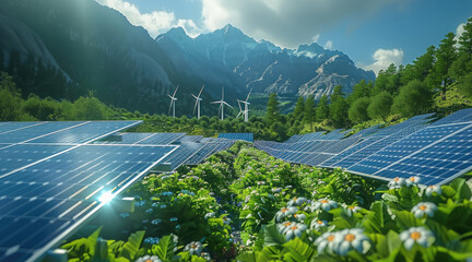 Aufkleber - Photovoltaic panels surrounded by green plants in the background. The solar panels are covered with sunlight, wind turbines, wind power generation devices, or fan machines. Generative AI.