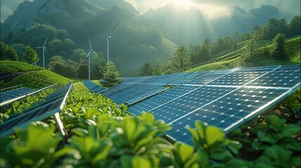 Aufkleber - Photovoltaic panels surrounded by green plants in the background. The solar panels are covered with sunlight, wind turbines, wind power generation devices, or fan machines. Generative AI.