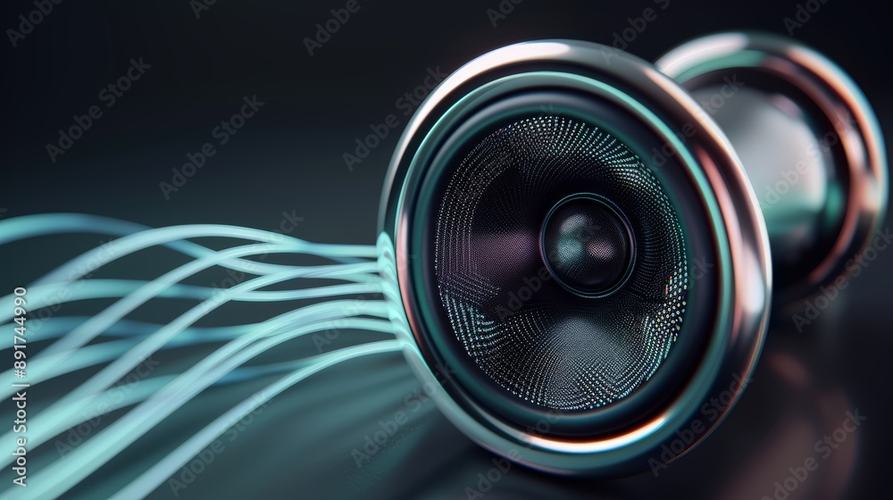 Digital 3D holographic speakers emitting sound waves, 3D background ...