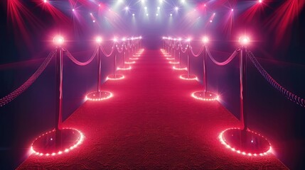 Aufkleber - Red carpet with ropes and glowing lights on both sides of it. Generative AI.