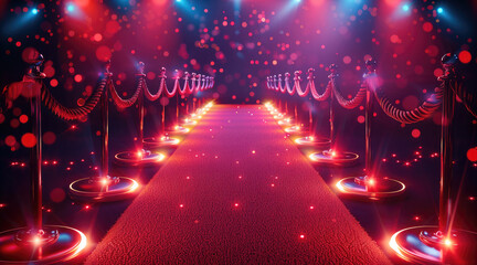 Aufkleber - Red carpet with ropes and glowing lights on both sides of it. Generative AI.
