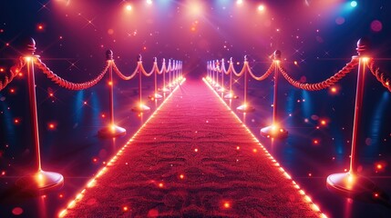 Aufkleber - Red carpet with ropes and glowing lights on both sides of it. Generative AI.