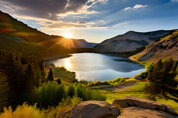 Canvas Print - A breathtaking view of a mountainous landscape with a crystal-clear lake reflecting the surrounding peaks. The lush greenery and colorful wildflowers in the foreground add vibrant detail to the serene