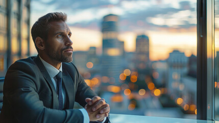 Canvas Print - A man in a suit sits at a sleek, modern desk, his hands clasped together, his expression thoughtful and determined. The background is a blurred cityscape with soft. Generative AI.