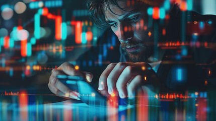 Leinwandbilder - A smart businessman typing financial data on a mobile phone, with a futuristic stock chart graphic overlay, the background features dynamic digital technology elements and crypto currency symbols.