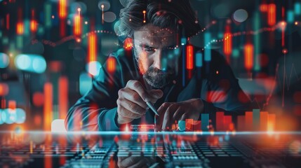 Leinwandbilder - A smart businessman typing financial data on a mobile phone, with a futuristic stock chart graphic overlay, the background features dynamic digital technology elements and crypto currency symbols.